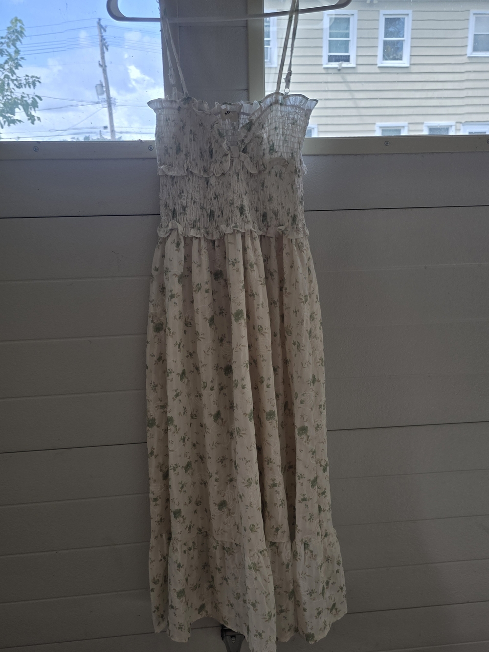 ADORA Cream Floral Smocked Maxi Dress with Green Print